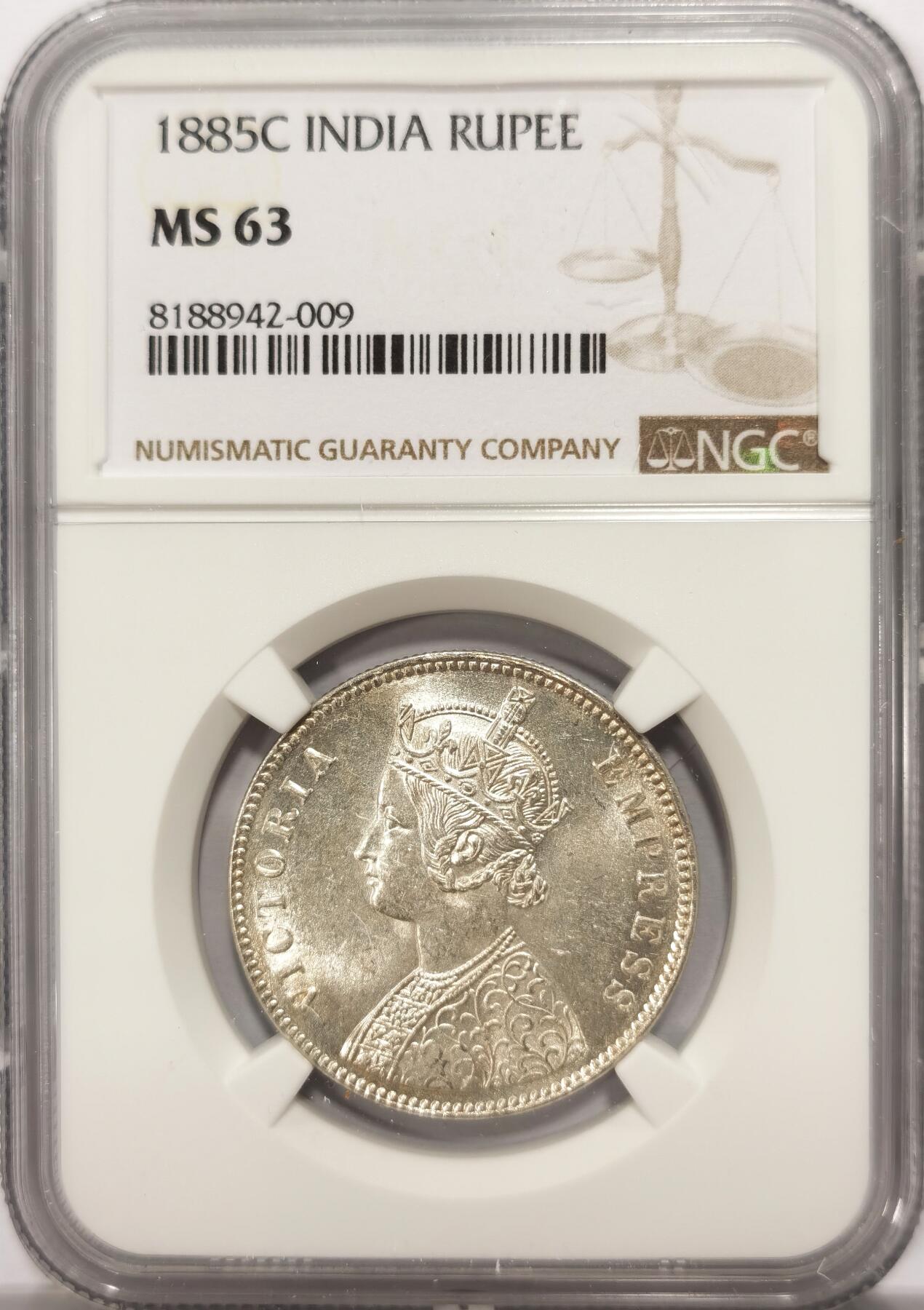 博洋堂世界钱币拍卖第099期（全场包邮） NGC MS63 印度早期卢比 1885C一卢比 光度十足 银光闪闪