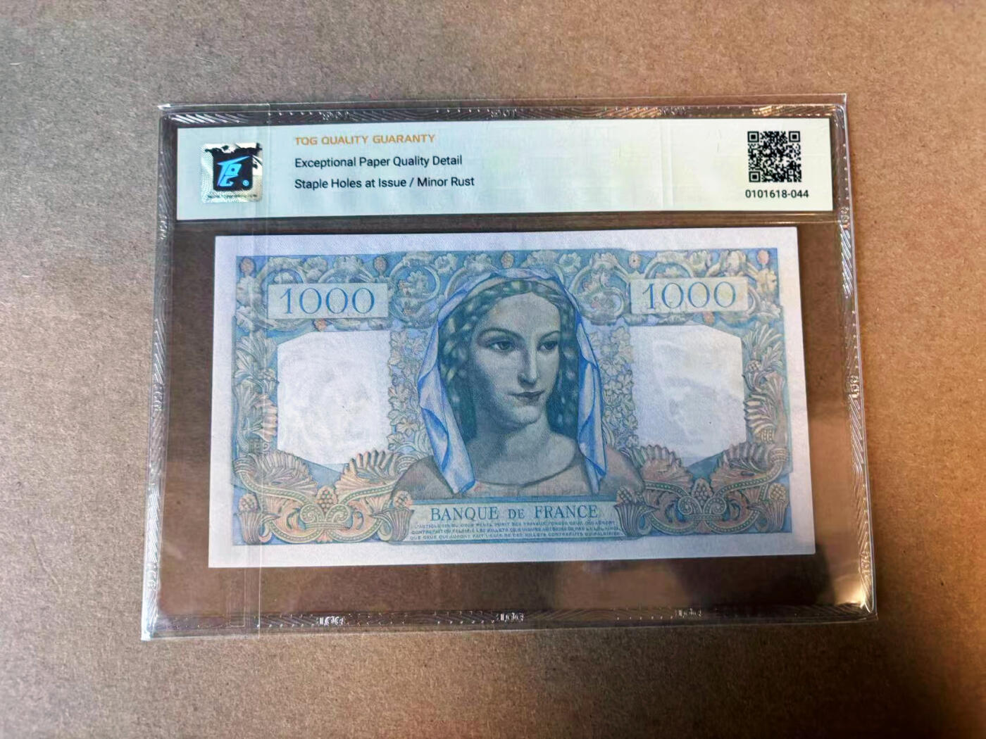【Blue Auction】✨世界纸币精拍第575期【精】 【倒置号】法国 1946年1000法郎 TQG66EPQ 