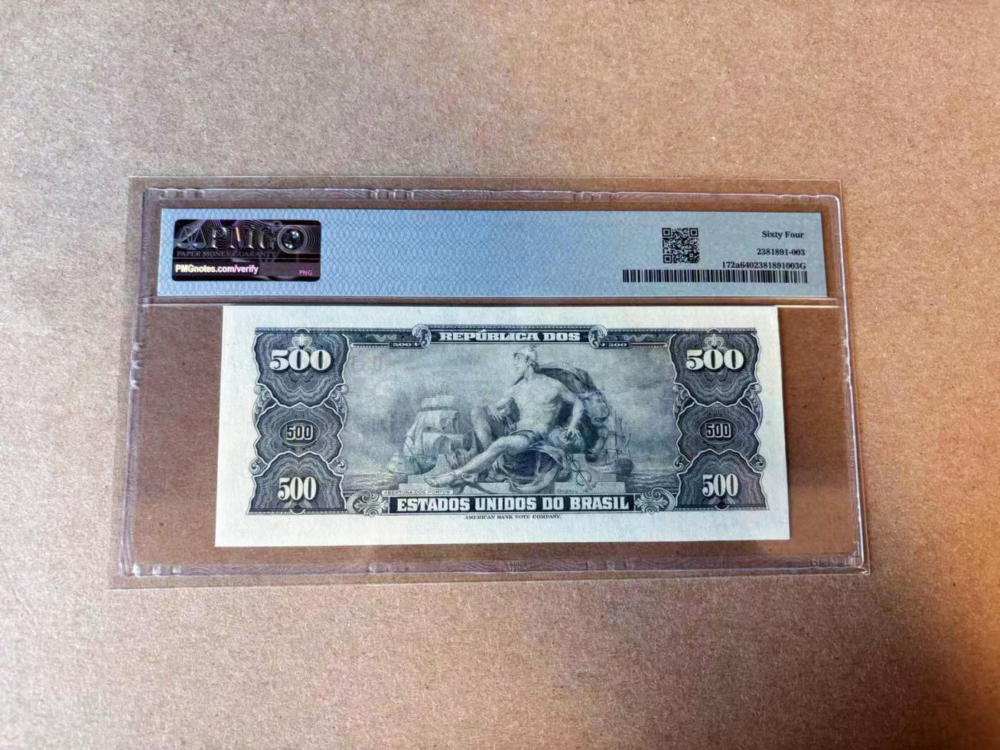 【Blue Auction】✨世界纸币精拍第575期【精】 【倒置号】巴西 1961-62年500克鲁塞罗 PMG64