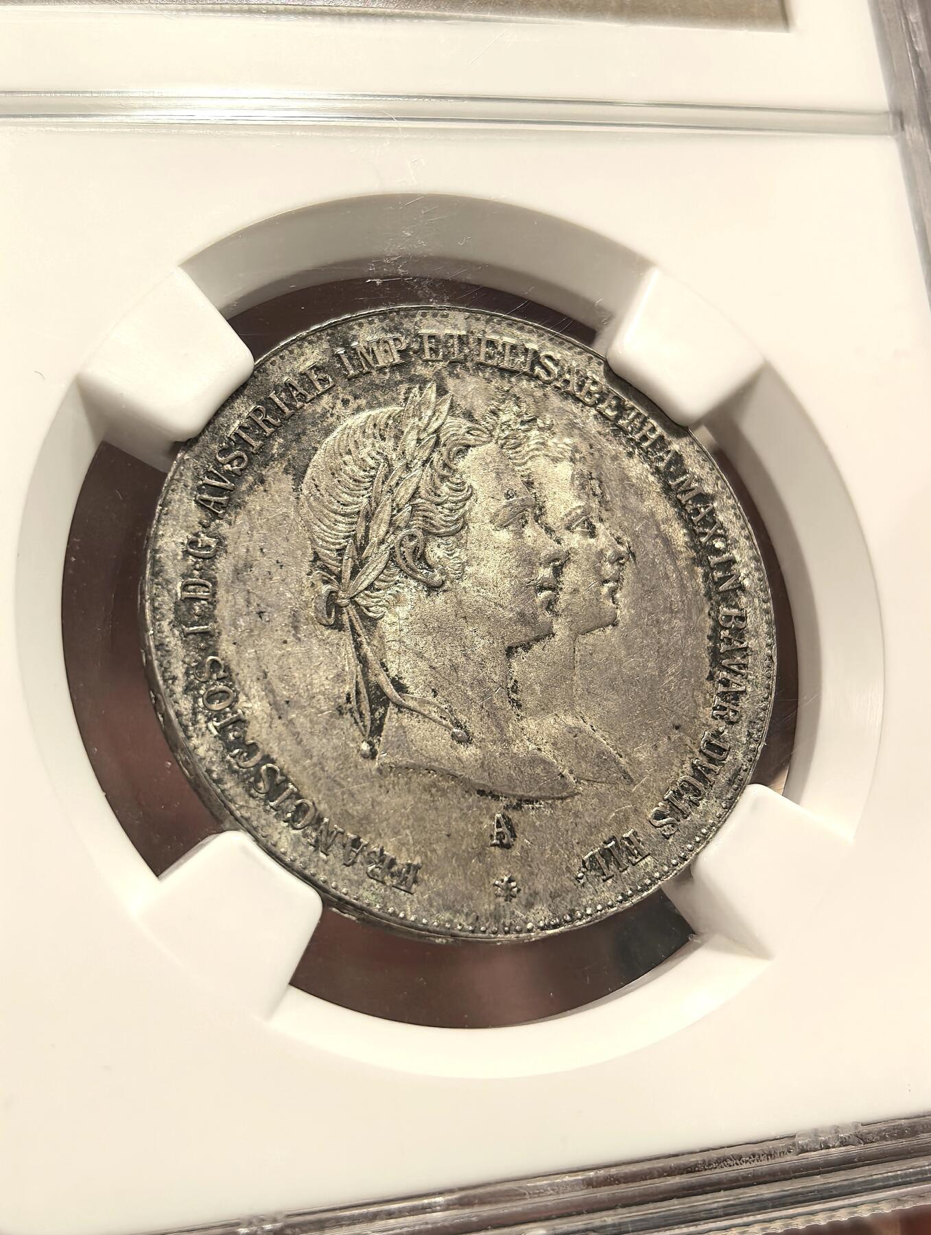 博洋堂世界钱币拍卖第099期（全场包邮） NGC MS62 奥地利1854年弗朗茨皇帝与茜茜公主大婚纪念1盾银币，早期严评，实物状态很棒。
