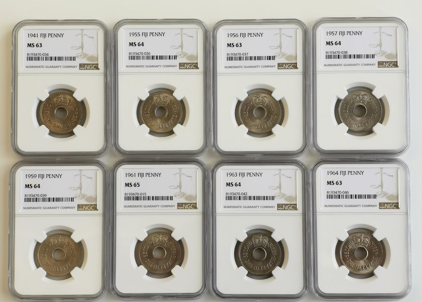 博洋堂世界钱币拍卖第099期（全场包邮） NGC MS63-65 英属斐济1941-1964年1便士不同年份8枚一组