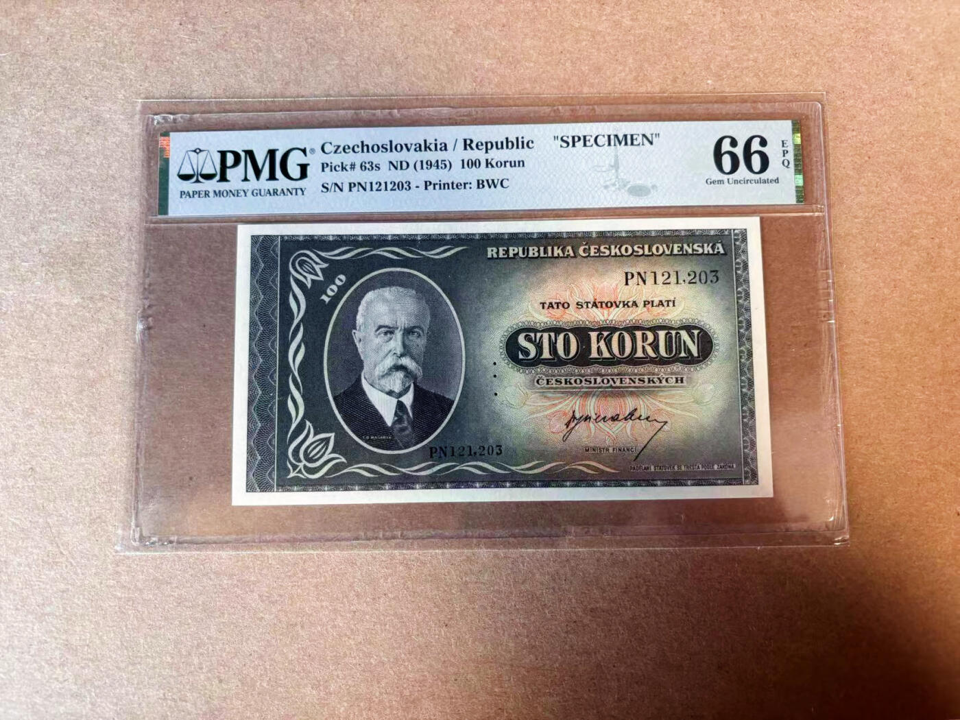 【Blue Auction】✨世界纸币精拍第575期【精】 【样钞】捷斯 1945年100克朗 BWC出品 雕刻精美 PMG66EPQ 