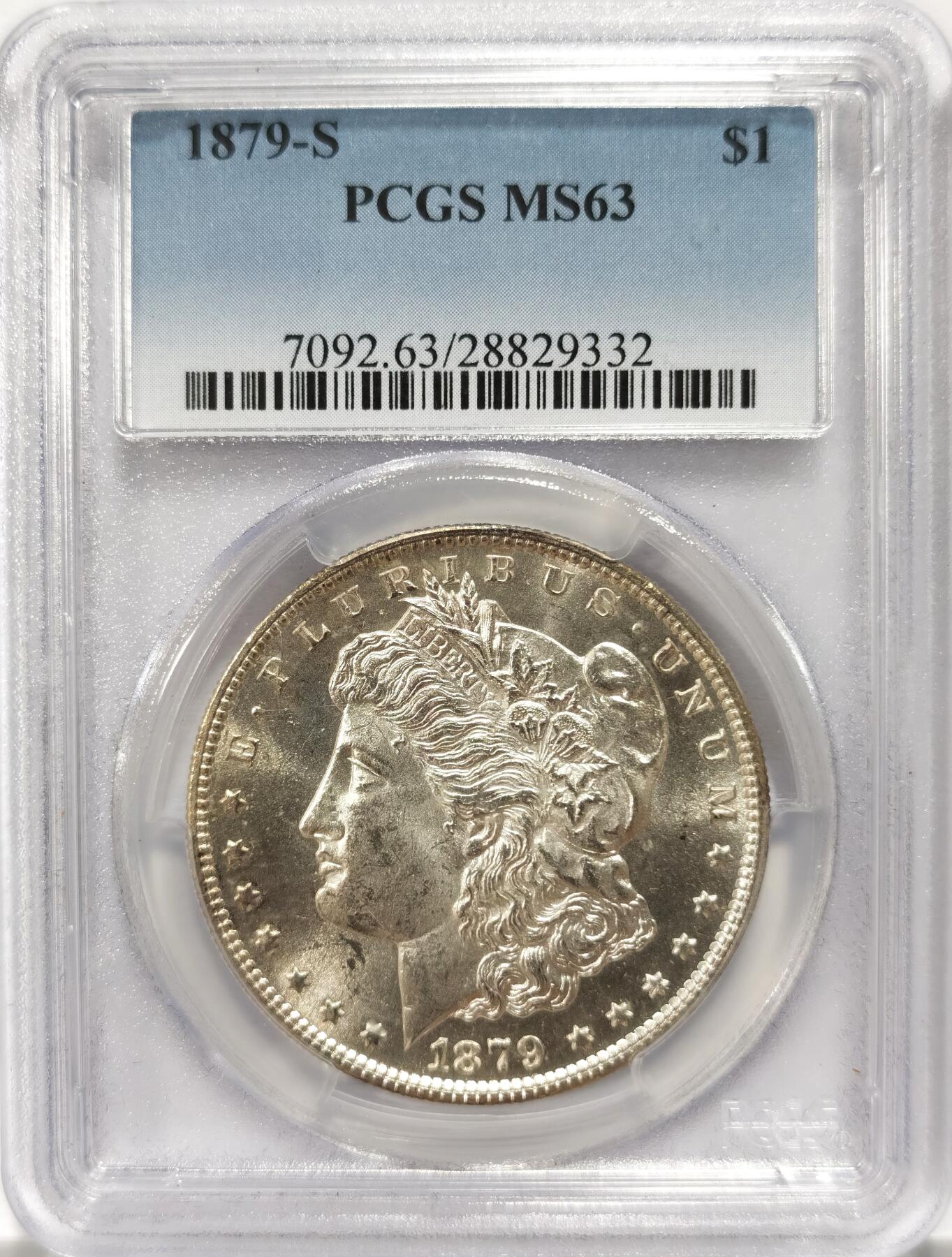 博洋堂世界钱币拍卖第099期（全场包邮） PCGS MS63 美国1879-S摩根大银币，盒子背面有几处小磕损