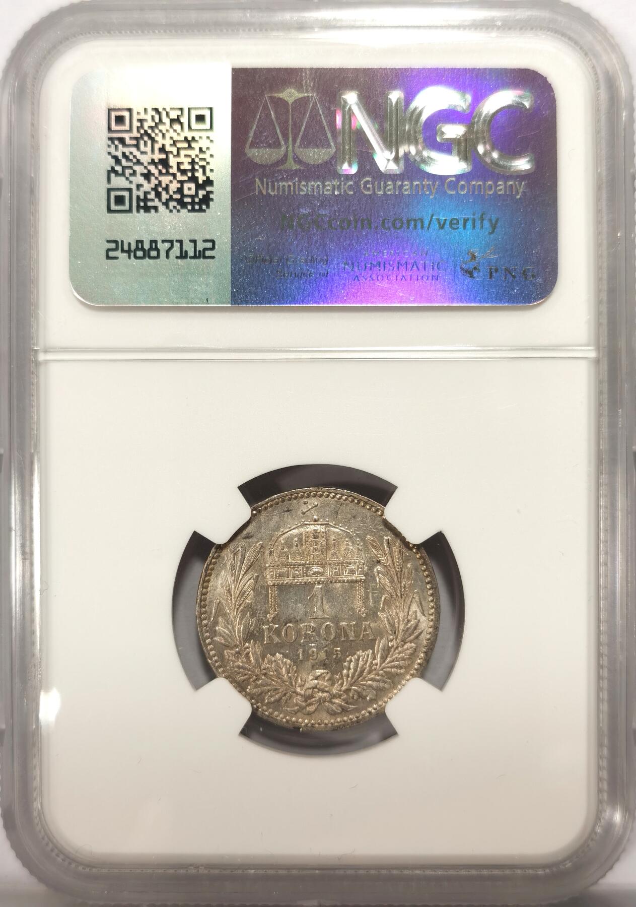 博洋堂世界钱币拍卖第099期（全场包邮） NGC MS61 匈牙利1915年1克朗银币，单面粉红色彩包浆，有意思稀有包浆