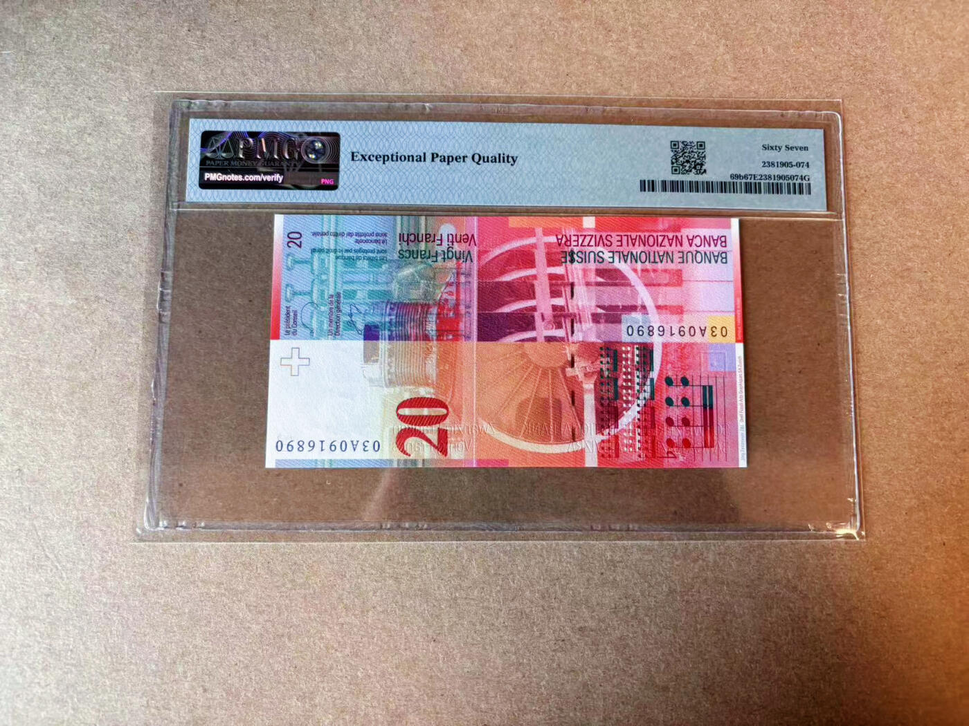 【Blue Auction】✨世界纸币精拍第575期【精】 【A冠倒置号】瑞士 2003年20法郎 PMG67EPQ 高分