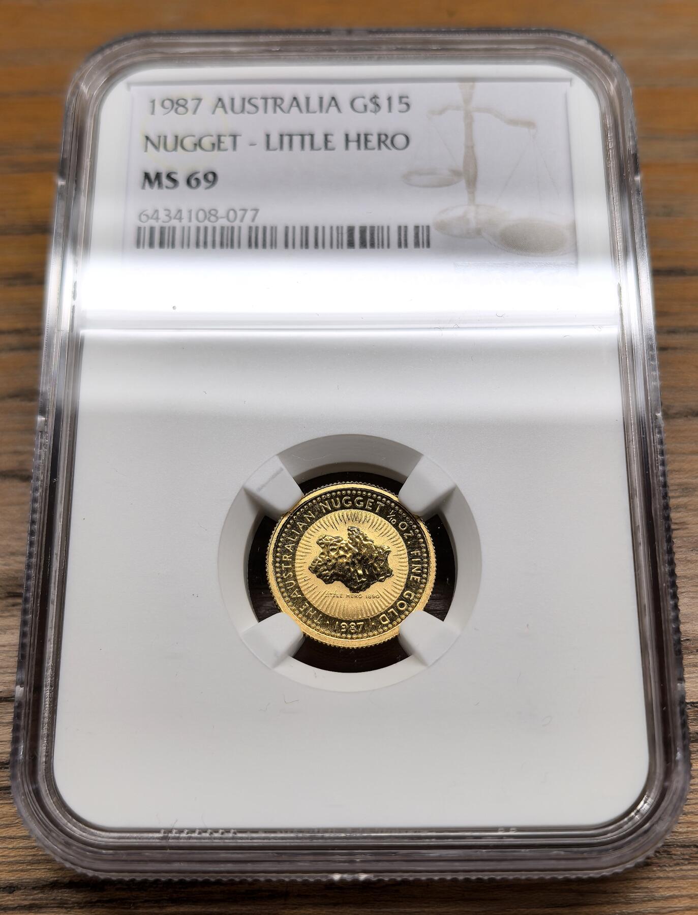 凡希社世界钱币微拍第二百八十九期 1987澳大利亚天然金块15元金币NGC-MS69，含纯金1/10盎司。