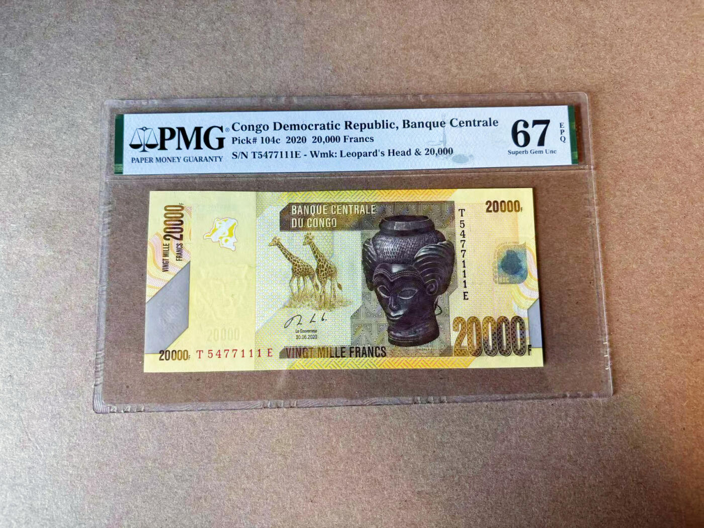 【Blue Auction】✨世界纸币精拍第575期【精】 【111豹子号】刚果 2020年20000法郎  PMG67EPQ 高分