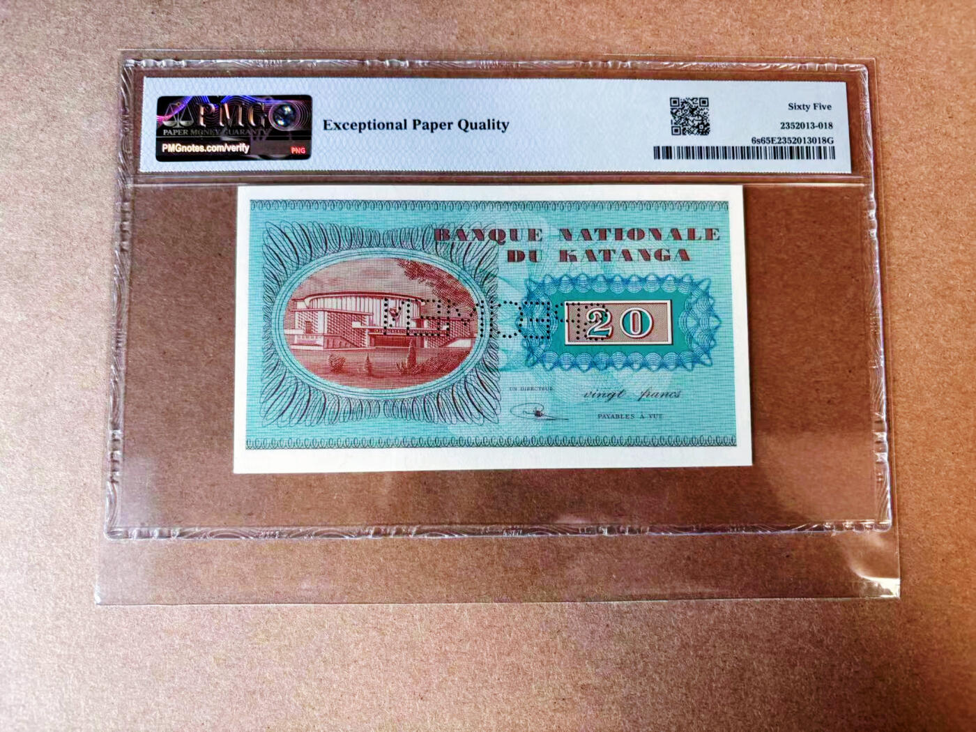 【Blue Auction】✨世界纸币精拍第575期【精】 【样钞】加丹加 1960年20法郎  PMG65EPQ  