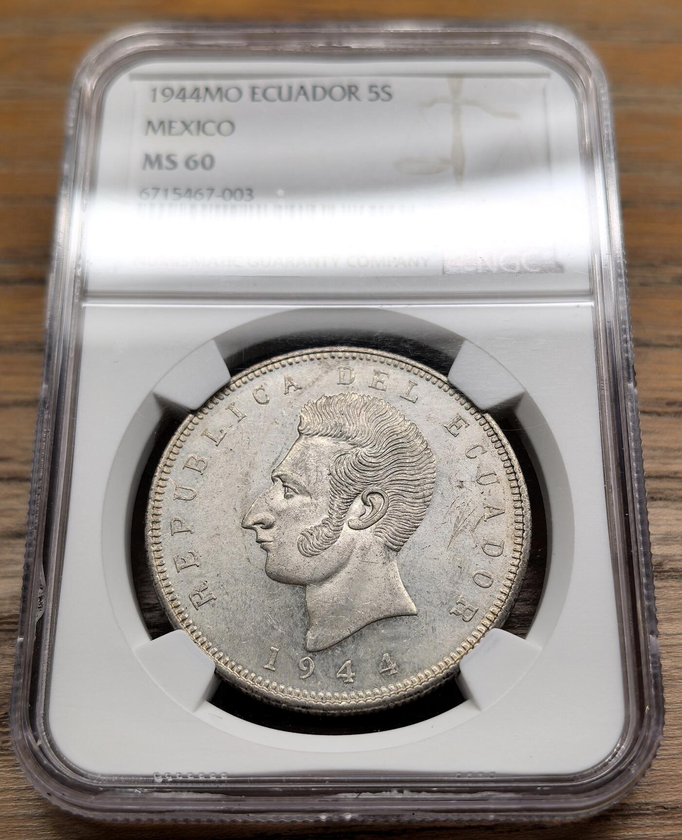 凡希社世界钱币微拍第二百八十九期 1944厄瓜多尔5苏克雷大银NGC-MS60
