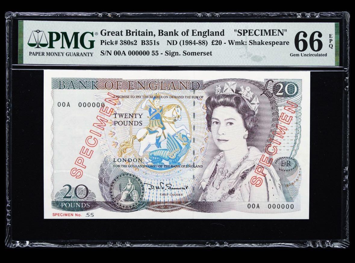【Blue Auction】✨世界纸币精拍第576期【精】 【唯一冠军分样钞罕见】英国 1984-88年20镑 PMG66EPQ 空心样钞字样设计独特 未影响主图 （英国央行严格控制这些样钞，这意味着很少有收藏家能够获得这些样钞， 弥足珍贵，尚未得到应有的关注。常见都是有粘贴或者各种问题的低分，该分数非常罕见，更何况这张D20莎士比亚、罗密欧与朱丽叶主题非常讨喜，世界主要大国的货币样钞珍罕值得珍藏）参考价不含20%佣金及其它费用