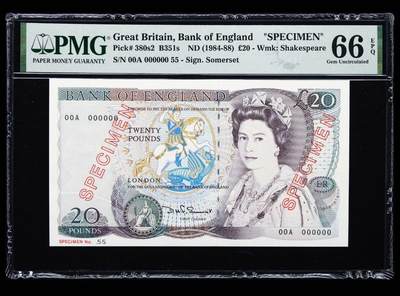 【Blue Auction】✨世界纸币精拍第576期【精】 - 【唯一冠军分样钞罕见】英国 1984-88年20镑 PMG66EPQ 空心样钞字样设计独特 未影响主图 （英国央行严格控制这些样钞，这意味着很少有收藏家能够获得这些样钞， 弥足珍贵，尚未得到应有的关注。常见都是有粘贴或者各种问题的低分，该分数非常罕见，更何况这张D20莎士比亚、罗密欧与朱丽叶主题非常讨喜，世界主要大国的货币样钞珍罕值得珍藏）参考价不含20%佣金及其它费用
