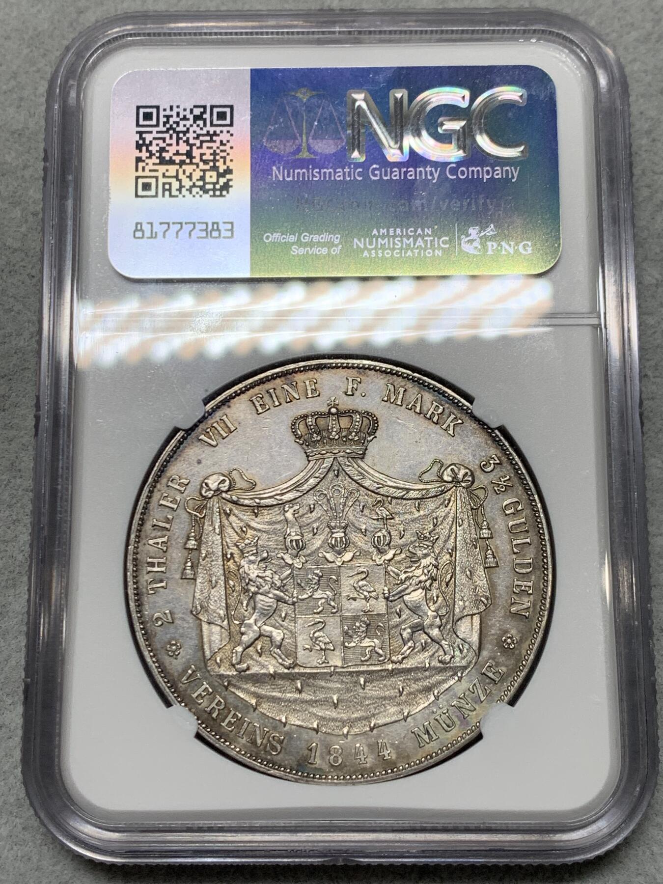 《竞宝斋》第326场 周日，周一，2场连拍 （全场包邮） 唯一 冠军分 NGC MS61 德国 1844年 罗斯纹章2泰勒 37克的大银币 发行量仅3000枚 小邦顶级品种 值得收藏