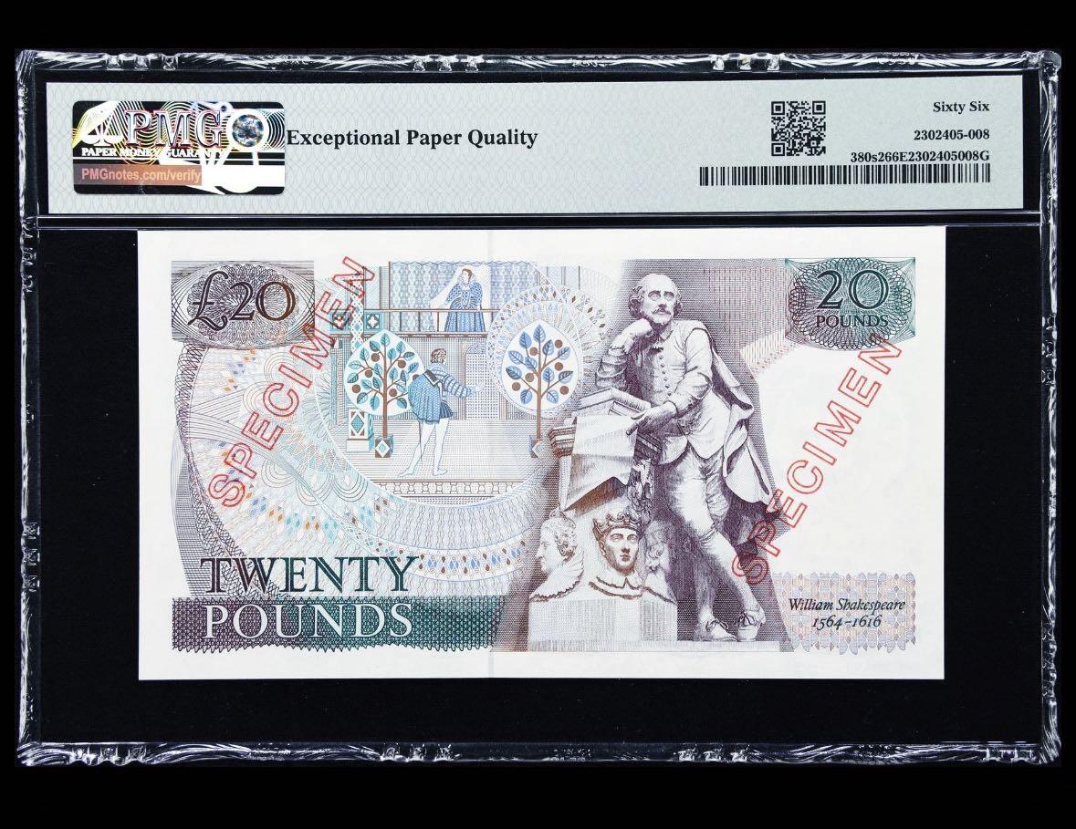 【Blue Auction】✨世界纸币精拍第576期【精】 【唯一冠军分样钞罕见】英国 1984-88年20镑 PMG66EPQ 空心样钞字样设计独特 未影响主图 （英国央行严格控制这些样钞，这意味着很少有收藏家能够获得这些样钞， 弥足珍贵，尚未得到应有的关注。常见都是有粘贴或者各种问题的低分，该分数非常罕见，更何况这张D20莎士比亚、罗密欧与朱丽叶主题非常讨喜，世界主要大国的货币样钞珍罕值得珍藏）参考价不含20%佣金及其它费用