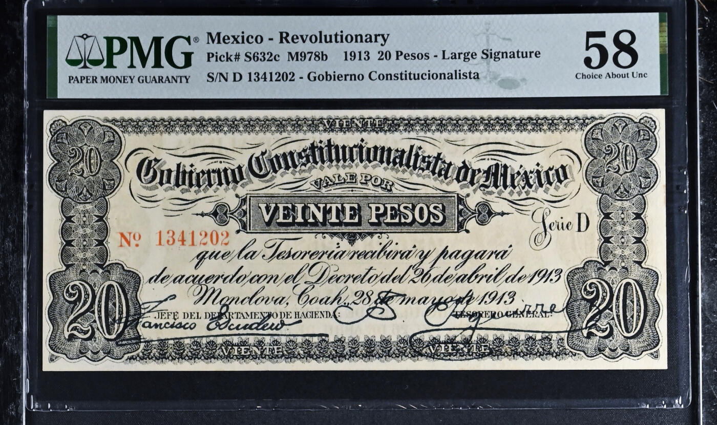 【Blue Auction】✨世界纸币精拍第576期【精】 墨西哥 1913年20比索 PMG58 大票幅实钞 