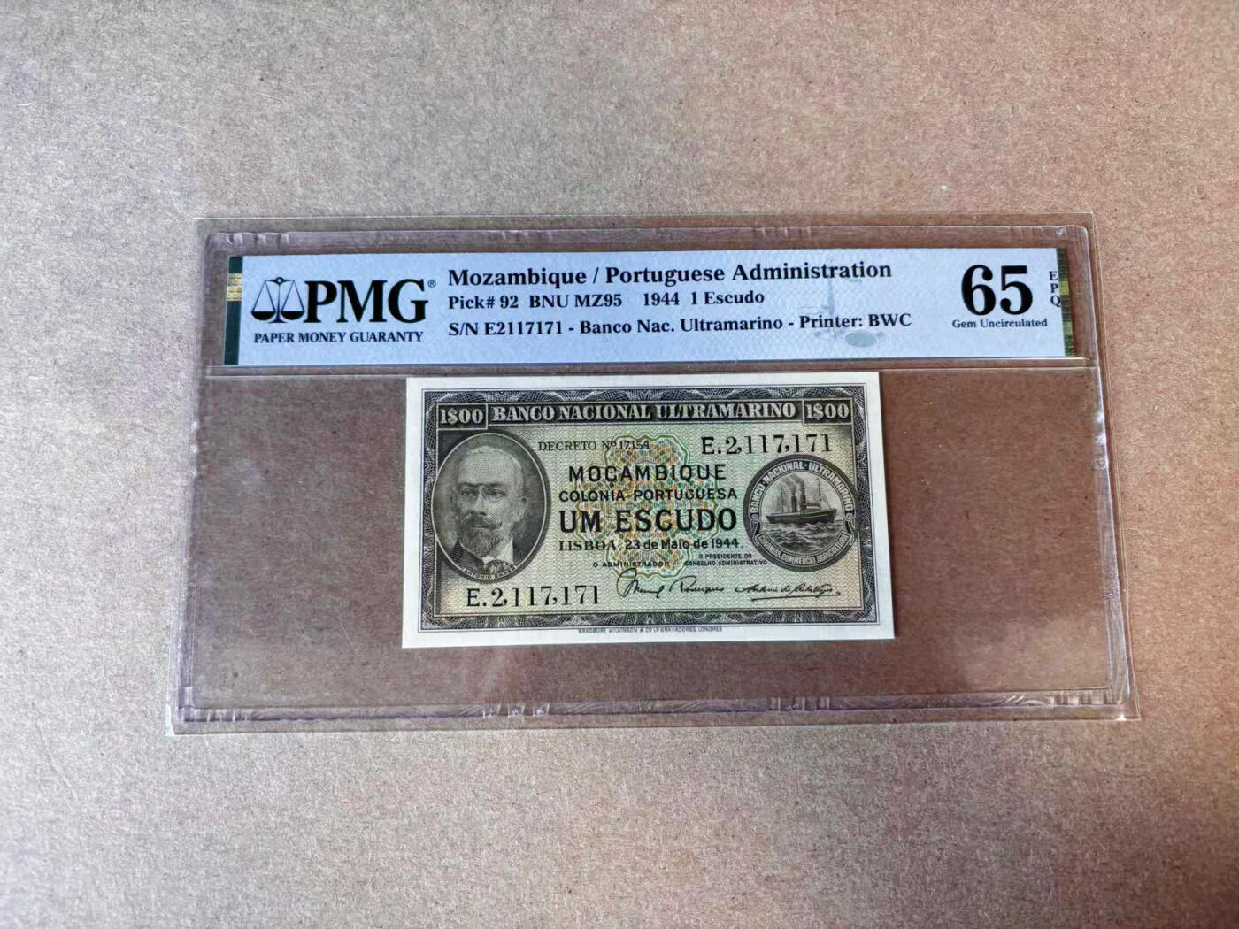 【Blue Auction】✨世界纸币精拍第576期【精】 莫桑比克 1944年1埃斯库多 BWC出品 PMG65EPQ 