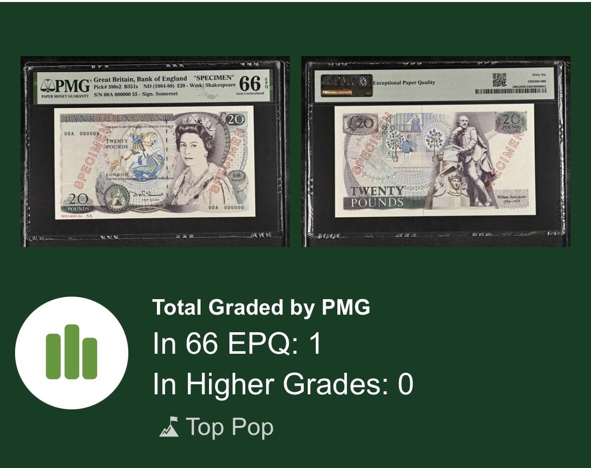 【Blue Auction】✨世界纸币精拍第576期【精】 【唯一冠军分样钞罕见】英国 1984-88年20镑 PMG66EPQ 空心样钞字样设计独特 未影响主图 （英国央行严格控制这些样钞，这意味着很少有收藏家能够获得这些样钞， 弥足珍贵，尚未得到应有的关注。常见都是有粘贴或者各种问题的低分，该分数非常罕见，更何况这张D20莎士比亚、罗密欧与朱丽叶主题非常讨喜，世界主要大国的货币样钞珍罕值得珍藏）参考价不含20%佣金及其它费用