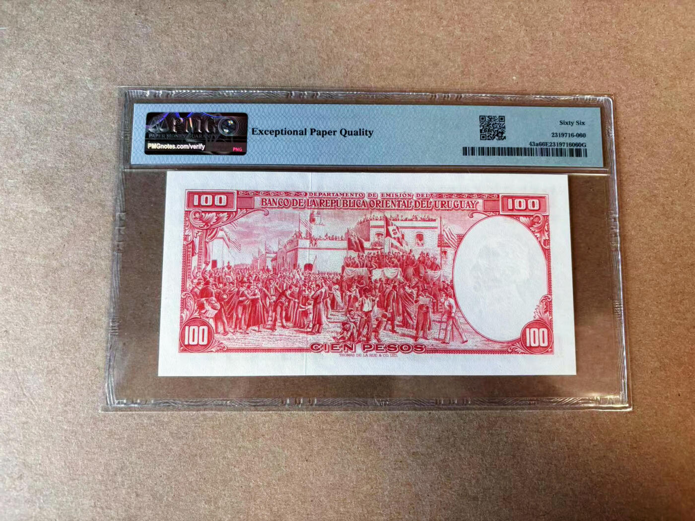 【Blue Auction】✨世界纸币精拍第576期【精】 【冠军分】乌拉圭 1939年100比索 背面大场景 精美PMG66EPQ 