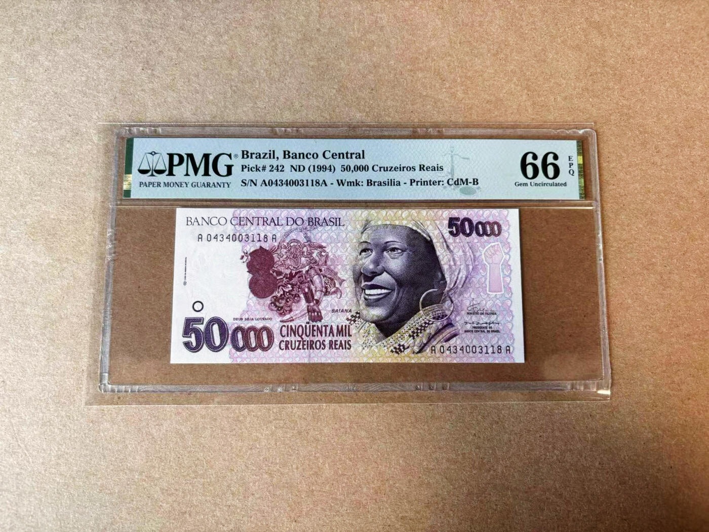 【Blue Auction】✨世界纸币精拍第576期【精】 【AA】巴西 1994年50000克鲁塞罗 PMG66EPQ 设计精美 受欢迎品种