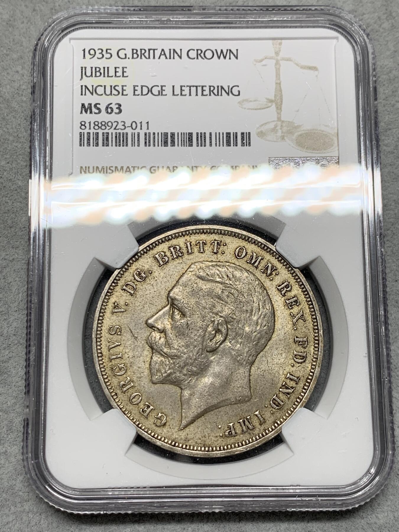 《竞宝斋》第326场 周日，周一，2场连拍 （全场包邮） NGC MS63 英国1935年 乔治五世克朗银币 木马剑的标志性包浆 细节犀利 铸打完整 很漂亮
