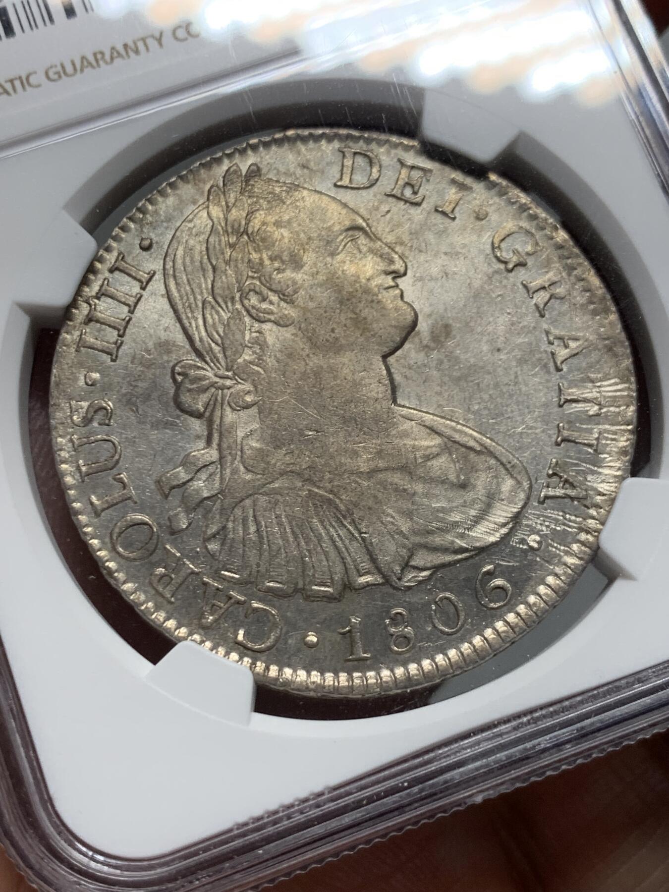 《竞宝斋》第326场 周日，周一，2场连拍 （全场包邮） NGC AUD 墨西哥双柱 卡四1806年 8里亚尔大银币 打制不错 性价比优秀