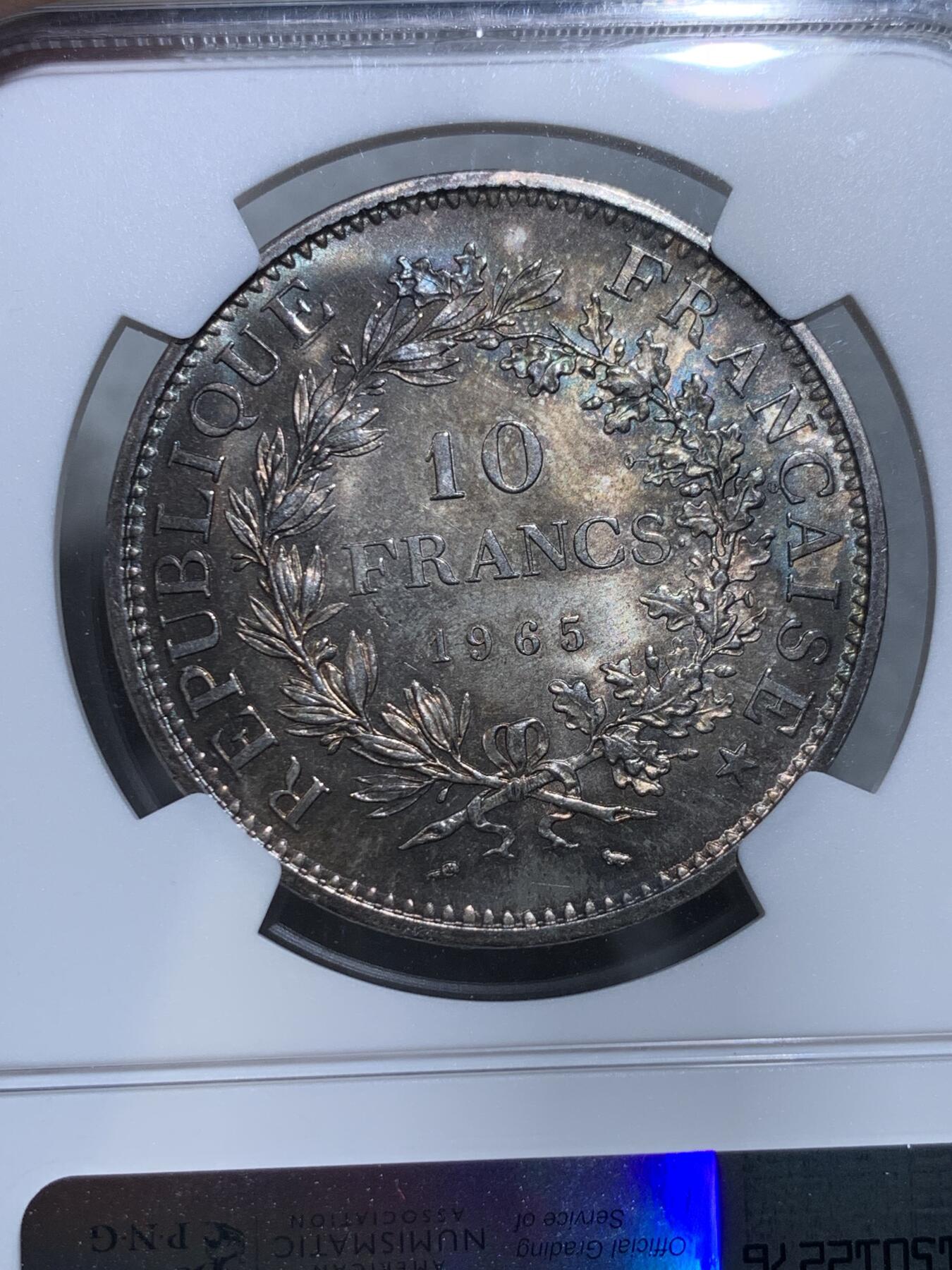 《竞宝斋》第326场 周日，周一，2场连拍 （全场包邮） NGC MS65 法国1965年大力神10法郎银币