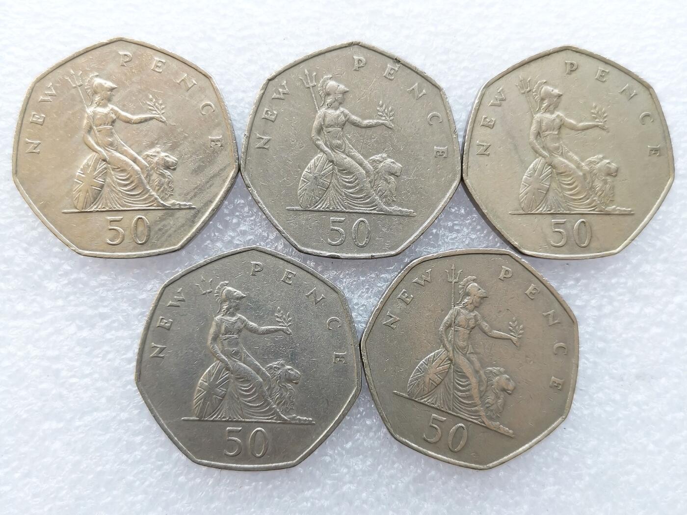 第一海外回流一元起拍收藏 散集专场 第138期 英国1969年50便士硬币 5枚