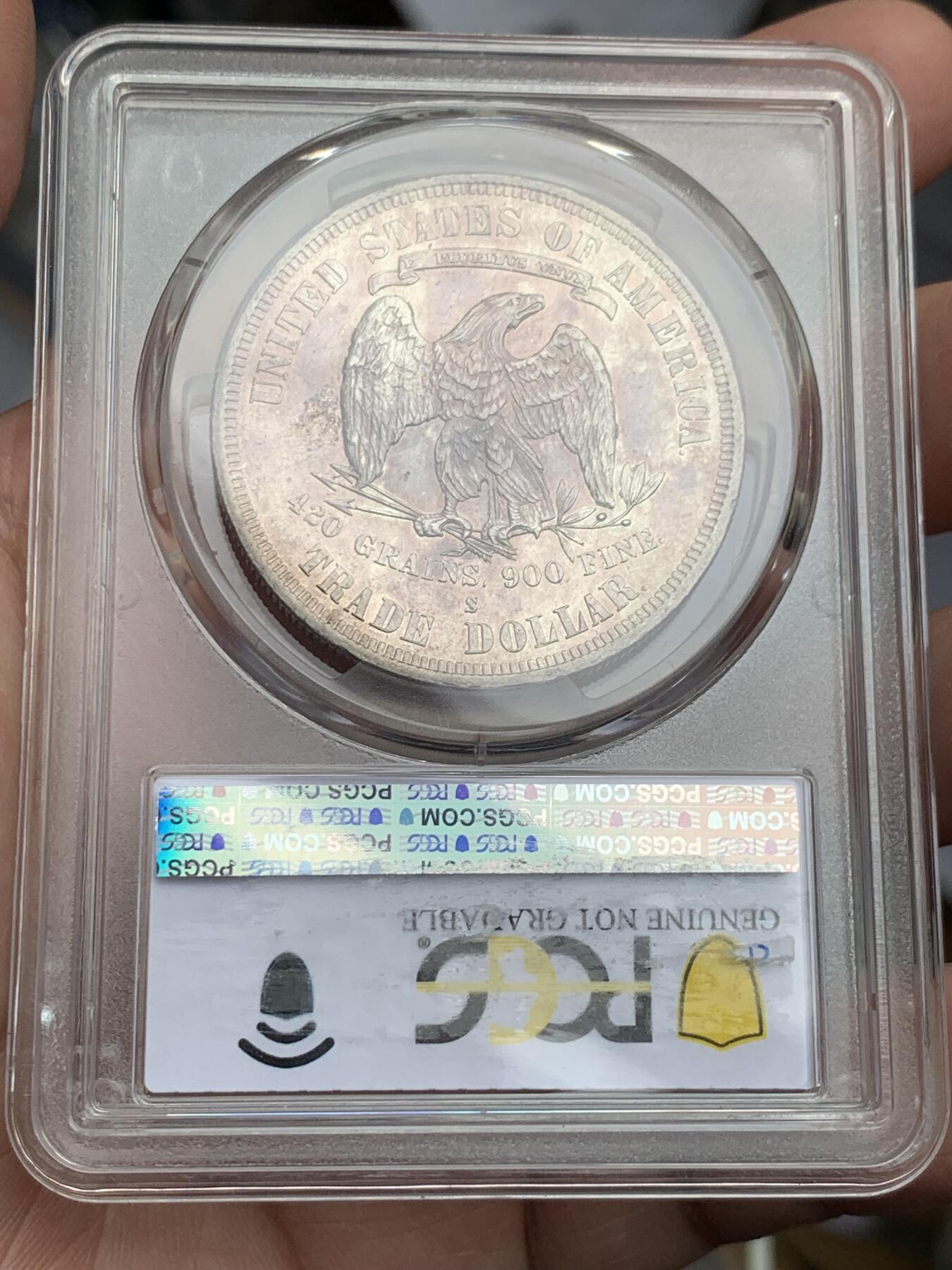 《竞宝斋》第327场 周日，周一，2场连拍 （全场包邮） PCGS AUD 美国 1877年 拿花贸易银币