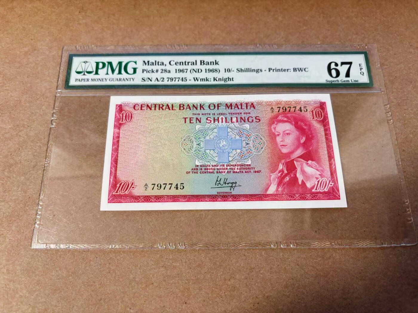 【Blue Auction】✨世界纸币精拍第577期【精】 马耳他 1967年10先令 BWC出品 PMG67EPQ 高分 老壳 戎装女王 背面大场景精美