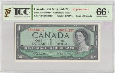PThappally收藏第43次拍卖，英联邦地区硬币纸币 - 加拿大 Canada - Bank of Canada 1961 1 Dollar, Pick 75b Replacement Star TQG 66 GEPQ Gem UNC