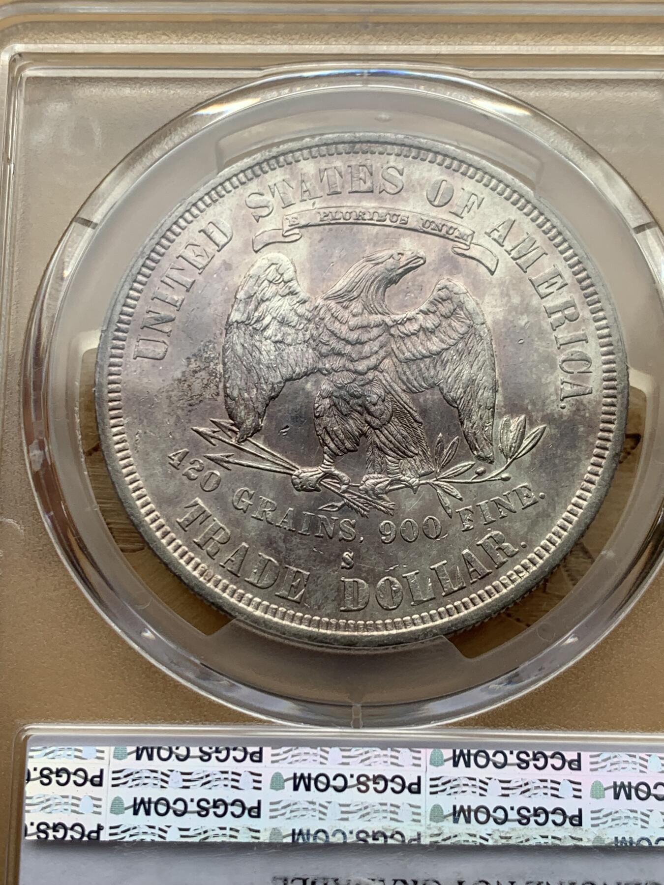 《竞宝斋》第327场 周日，周一，2场连拍 （全场包邮） PCGS AUD 美国 1877年 拿花贸易银币