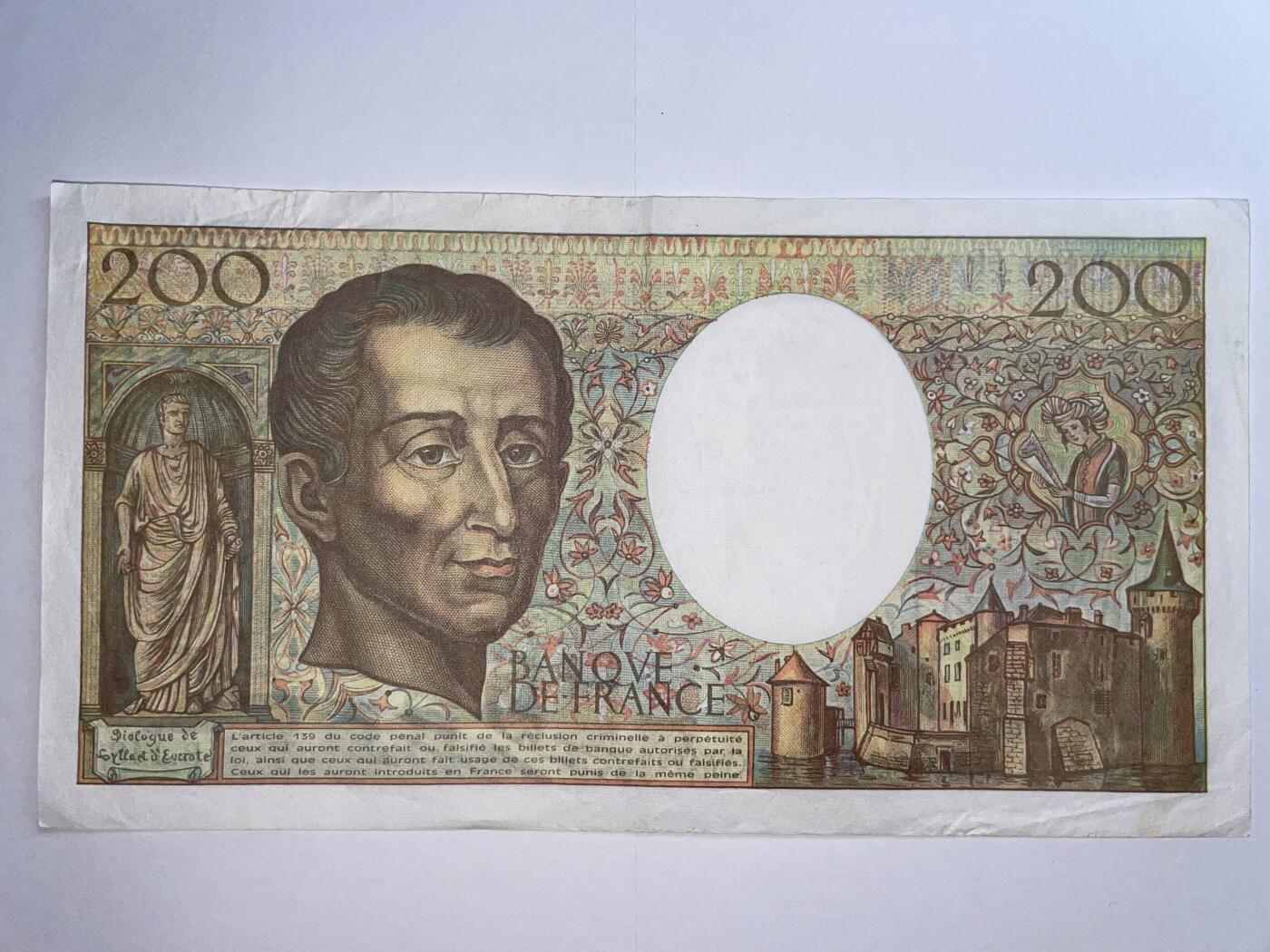 2024年集古藏今外币拍卖第十七期-第10场—（总第170拍-纸币专场），本期拍完结算一次，发货时间2-3天，休息几天后继续新的一期拍卖。 1992年法国200法郎