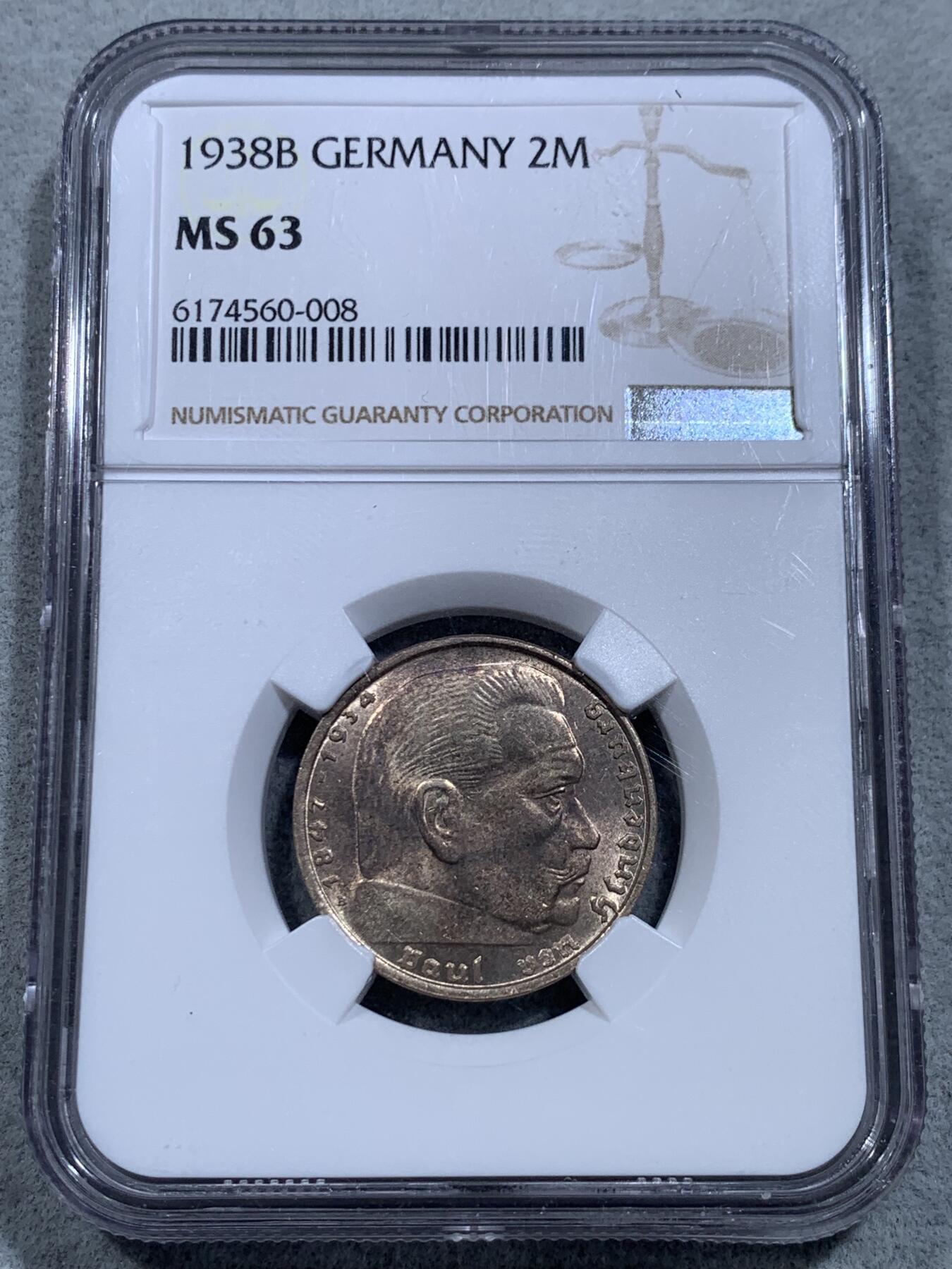 《竞宝斋》第326场 周日，周一，2场连拍 （全场包邮） NGC MS63 德国 1938年B版 2马克 银币 双面金色包浆，状态优秀，可藏。