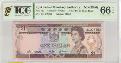 PThappally收藏第43次拍卖，英联邦地区硬币纸币 - 斐济 FIJI, Central Monetary Authority -1980 1 Dollar Sign: Barnes & Tomkins, Pick 76a TQG 66 GEPQ Gem UNC