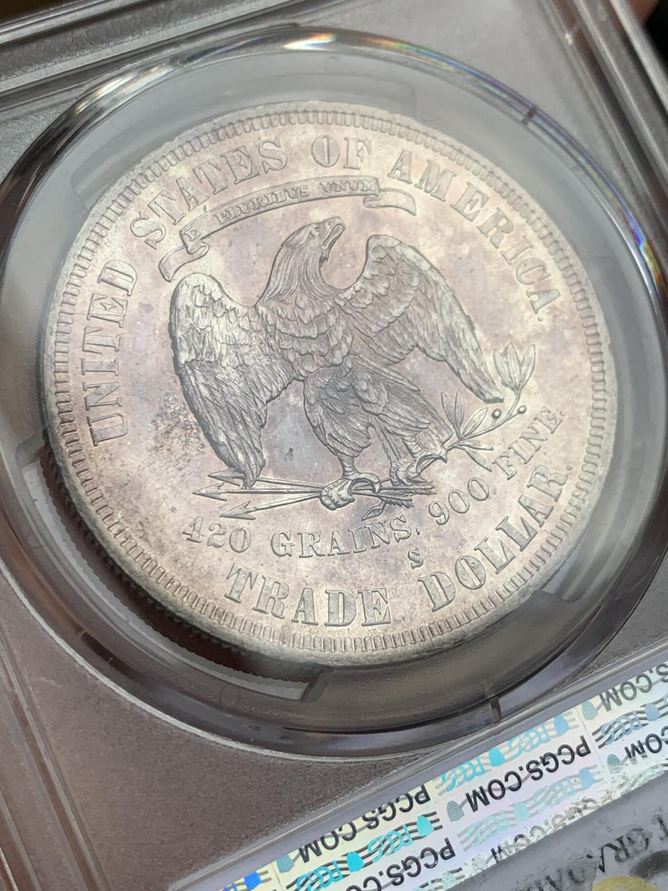 《竞宝斋》第327场 周日，周一，2场连拍 （全场包邮） PCGS AUD 美国 1877年 拿花贸易银币