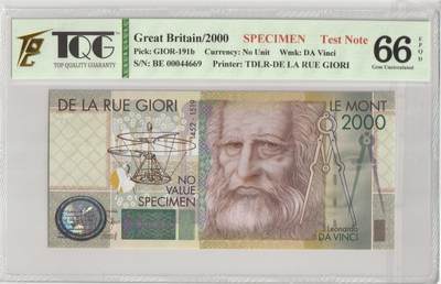 PThappally收藏第43次拍卖，英联邦地区硬币纸币 - 英国 Great Britain, 2000 Le Mont, DE LA RUE GIORI Test Note  SPECIMEN-  LEONARDO DA VINCI-  TQG 66 EPQD Gem UNC