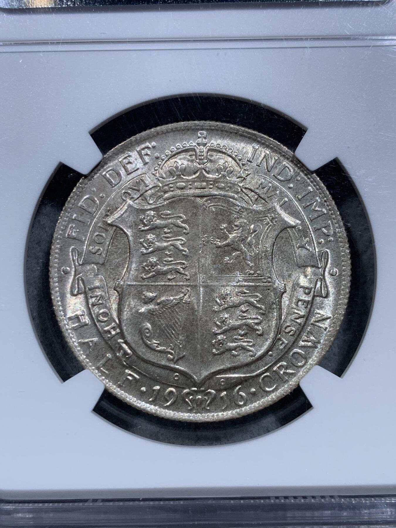 《竞宝斋》第326场 周日，周一，2场连拍 （全场包邮） NGC MS64 英国1916年乔治五世半克朗银币，早期925高银，流通版。银光丝滑。难得收藏级高分。此品种63分有难度