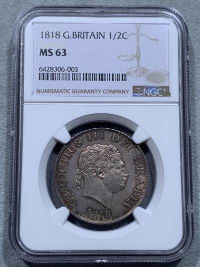 《竞宝斋》第327场 周日，周一，2场连拍 （全场包邮） - NGC MS63 英国 1818年 半克朗 乔治三世 银币 原味包浆