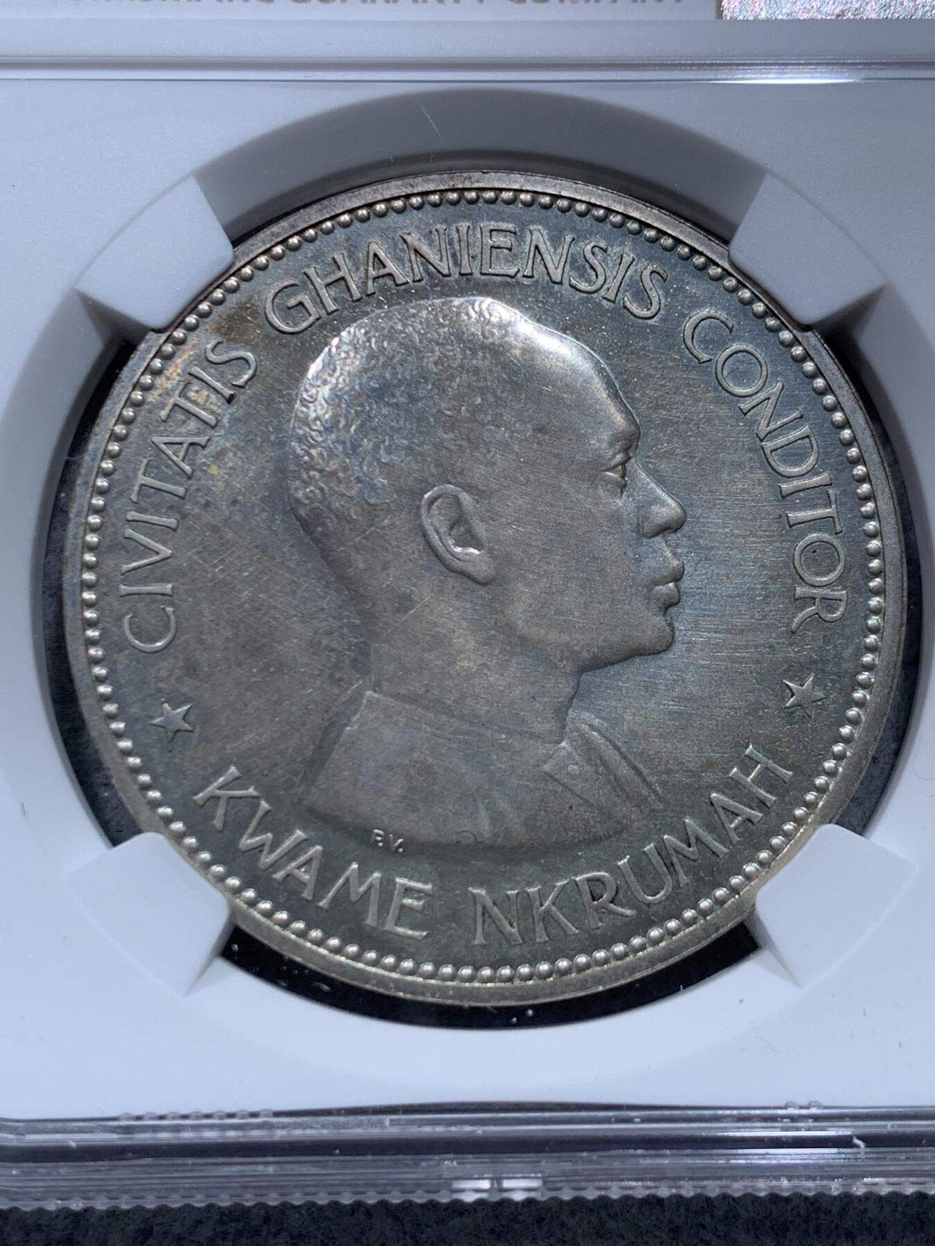 《竞宝斋》第327场 周日，周一，2场连拍 （全场包邮） NGC PF65 加纳1958年建国10先令五星大银币，精制银币，发行量1.1万 包浆品相极佳，收藏一步到位 28.28克
