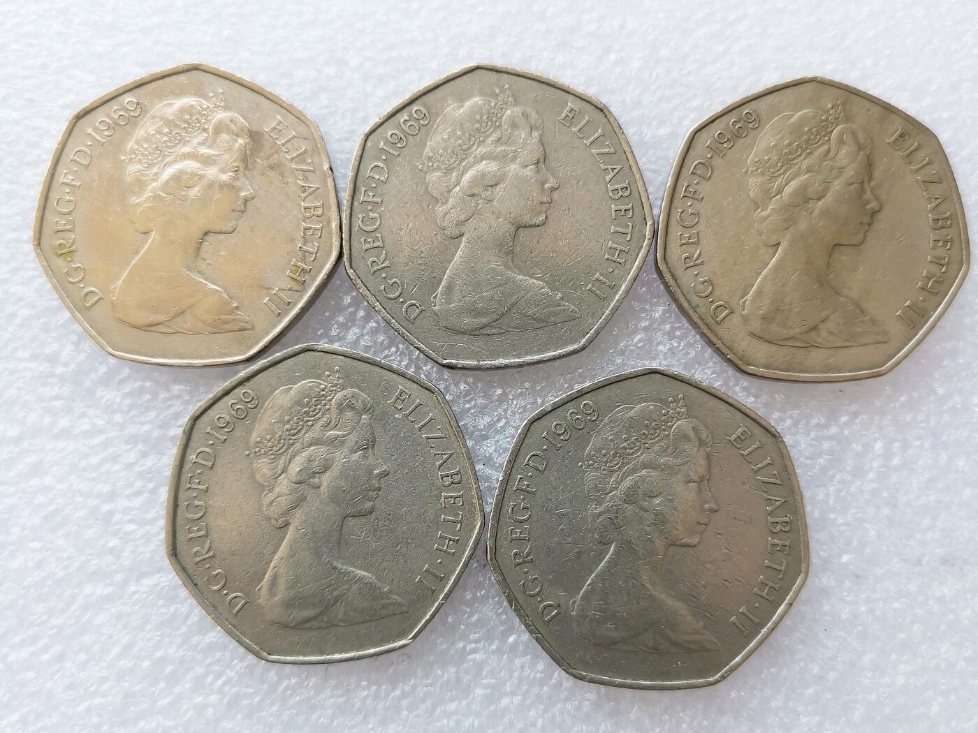 第一海外回流一元起拍收藏 散集专场 第138期 英国1969年50便士硬币 5枚