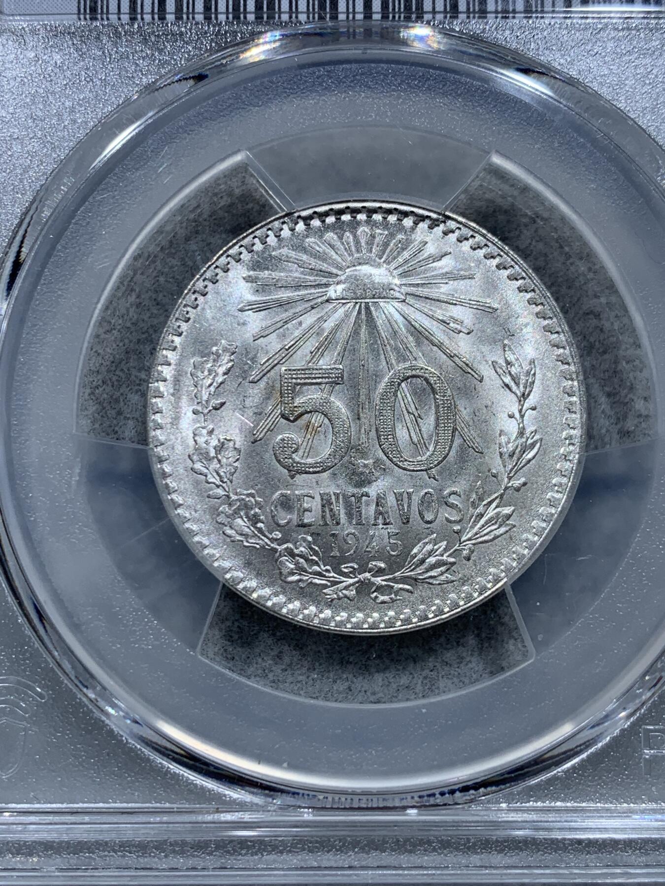 《竞宝斋》第327场 周日，周一，2场连拍 （全场包邮） PCGS MS66 1945年墨西哥鹰洋五十分银币，少见高分未流通状态，光度和底版都很丝滑
