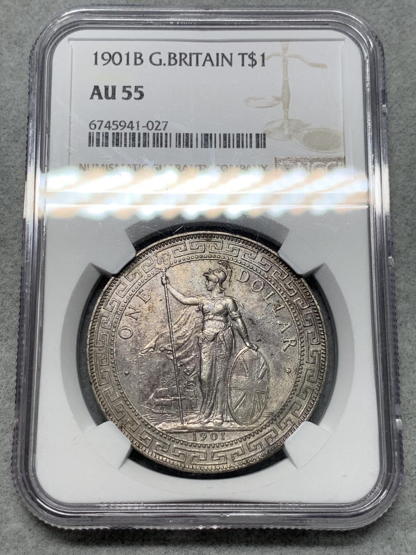 《竞宝斋》第327场 周日，周一，2场连拍 （全场包邮） NGC AU55 英国1901B站洋银元 淡淡乌浆，细节不错，略显低评的一枚贸易大银