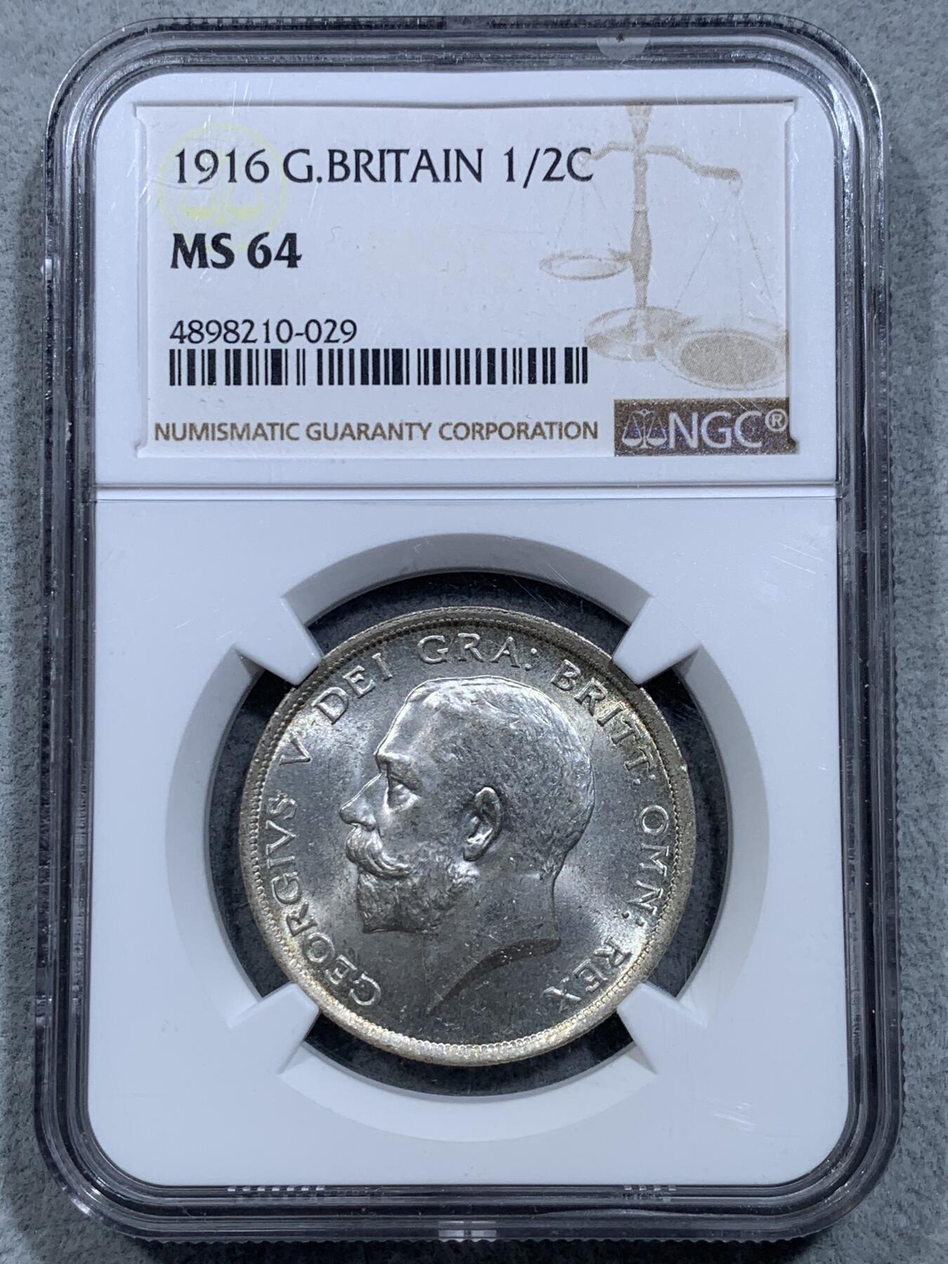 《竞宝斋》第326场 周日，周一，2场连拍 （全场包邮） NGC MS64 英国1916年乔治五世半克朗银币，早期925高银，流通版。银光丝滑。难得收藏级高分。此品种63分有难度