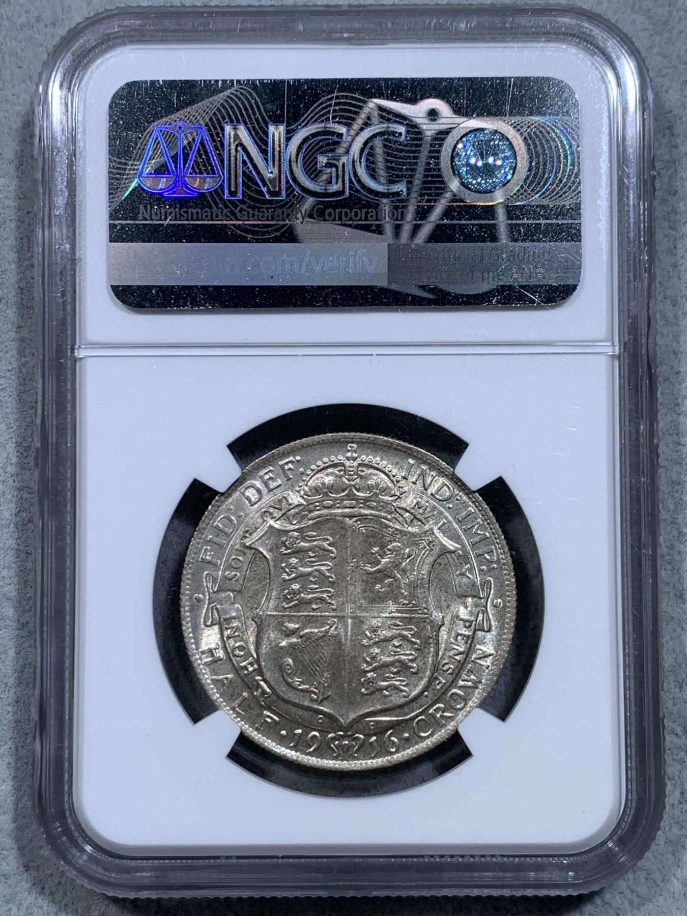 《竞宝斋》第326场 周日，周一，2场连拍 （全场包邮） NGC MS64 英国1916年乔治五世半克朗银币，早期925高银，流通版。银光丝滑。难得收藏级高分。此品种63分有难度