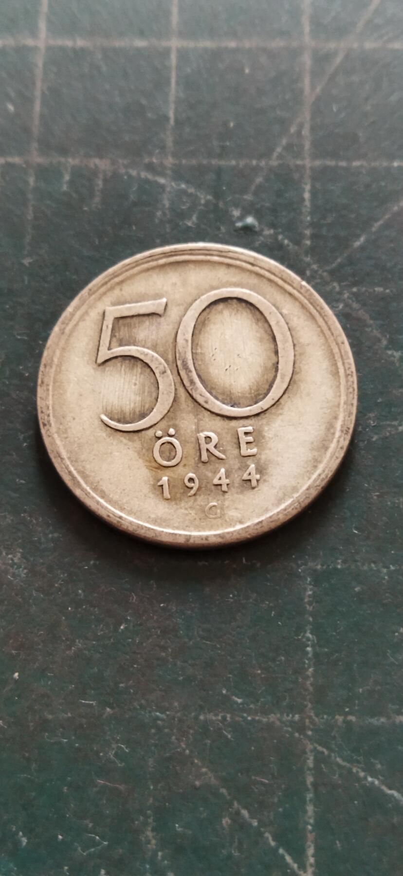 外国硬币初藏2024年第18场 瑞典50欧尔银币1944年。