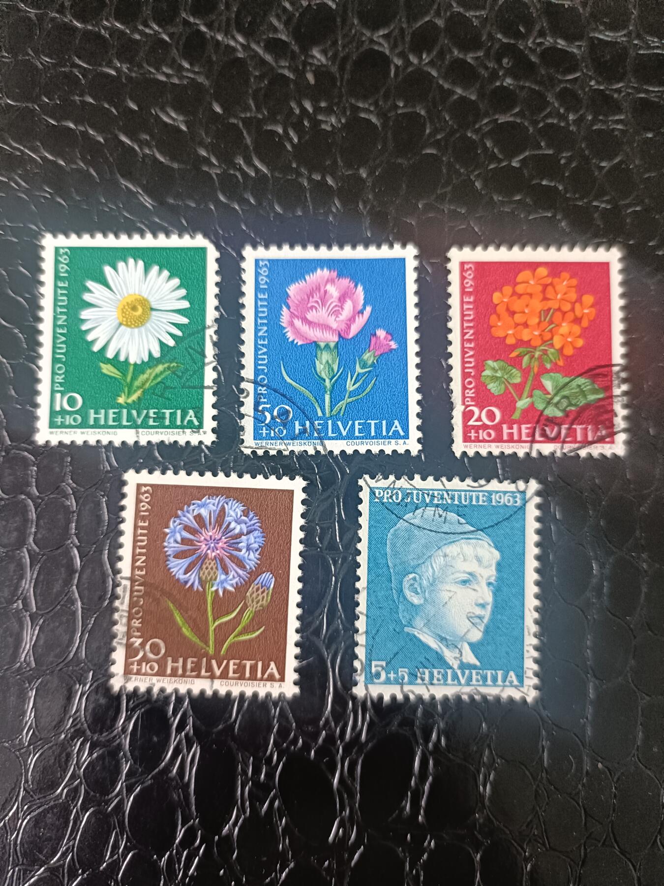 67外国邮票 瑞士邮票 1963年名人 花卉 附捐 5全 销票