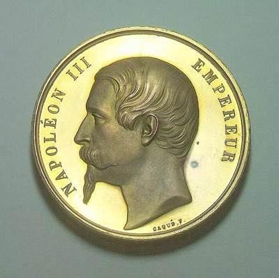 法国1859年 拿破仑三世精制高浮雕大镀金章 原盒 50MM - 法国1859年 拿破仑三世精制高浮雕大镀金章 原盒 50MM