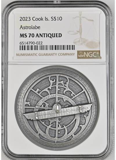 S&S Numismatic世界钱币-拍卖 第88期  - 获奖币*库克群岛2023年 历史仪器(1)星盘 10元高浮雕仿古2盎司纪念银币 NGC MS70冠军分，无盒证