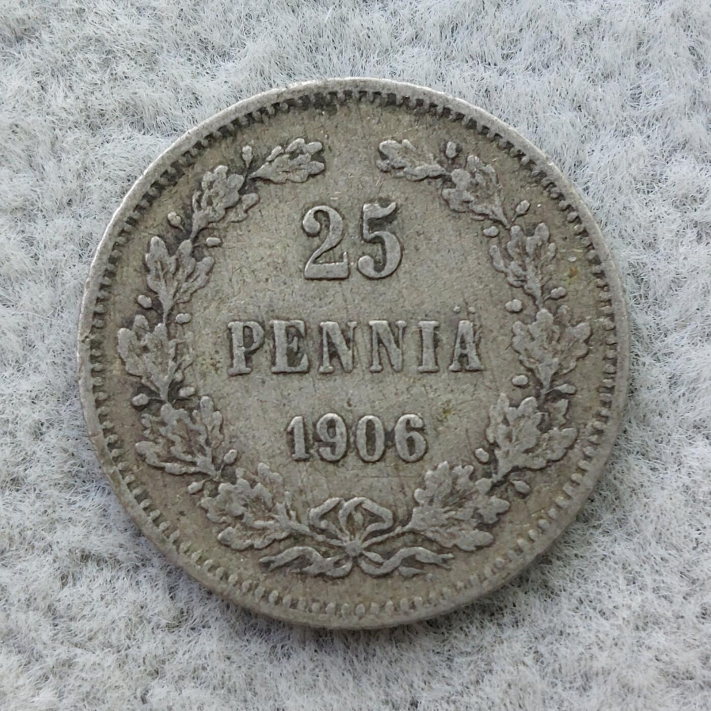 俄属芬兰1906年双头鹰25芬尼银币