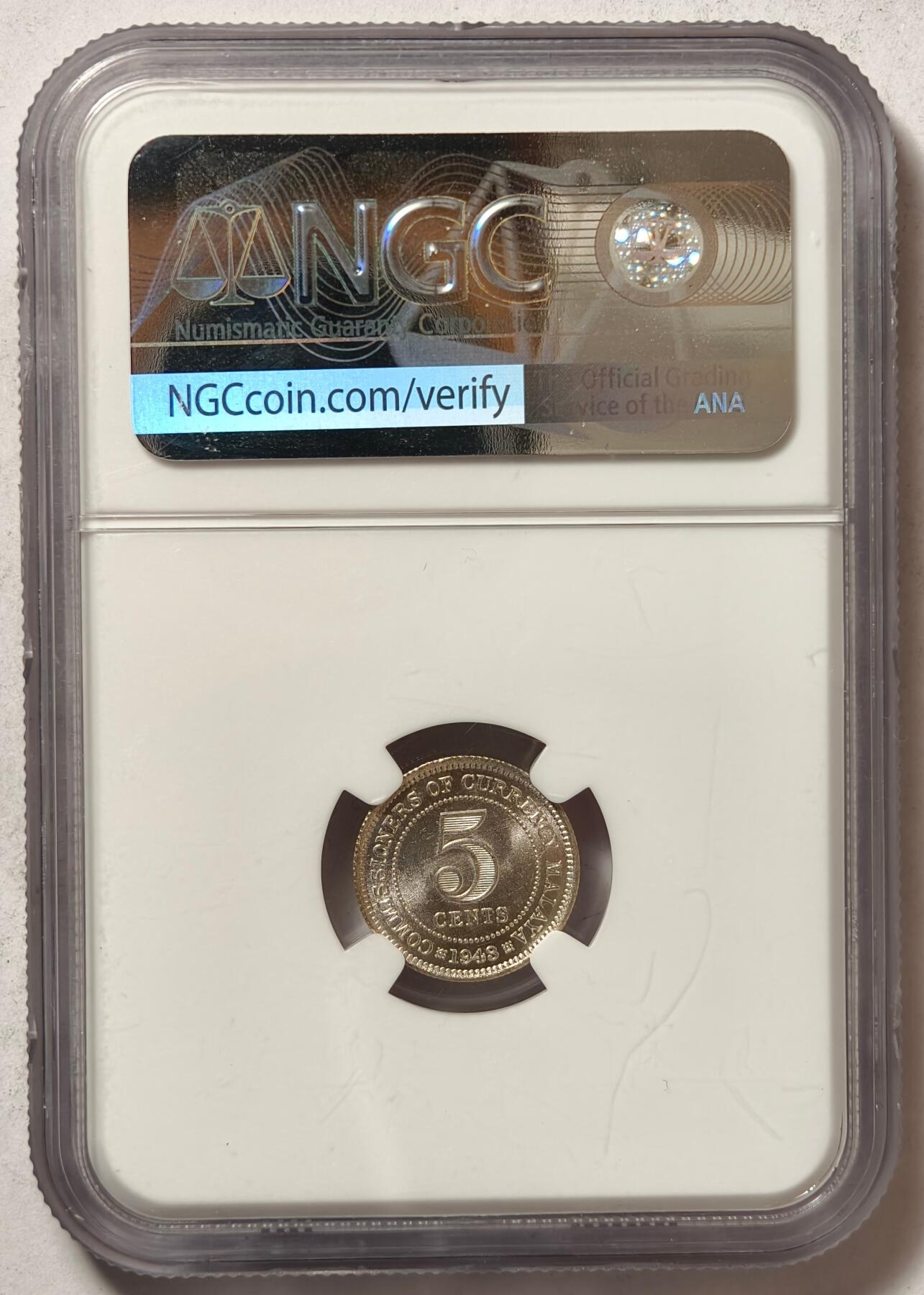 紫瑗钱币——第460期 马来亚 1943年 乔治六世 5分 银币 NGC MS64