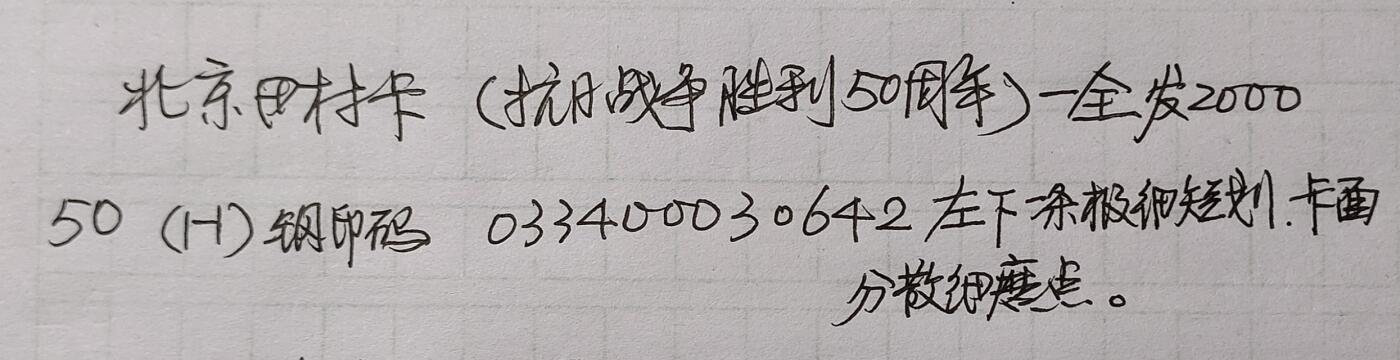 公藏第25期裸卡拍卖 北京田村卡（抗日战争胜利50周年）一全发行2000，